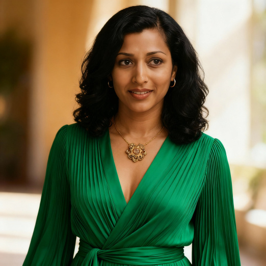 Professional studio headshot of a confident South Asian female CEO, natural light, neutral background, corporate portrait photography, 4k